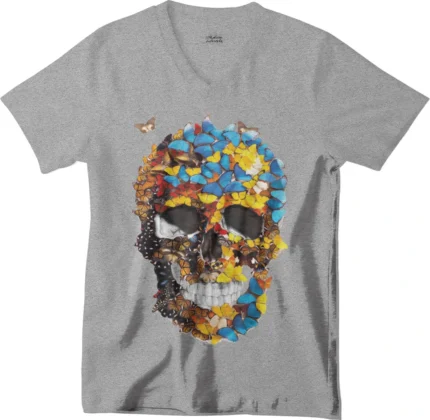 T-shirt Skull Papillons gris col V